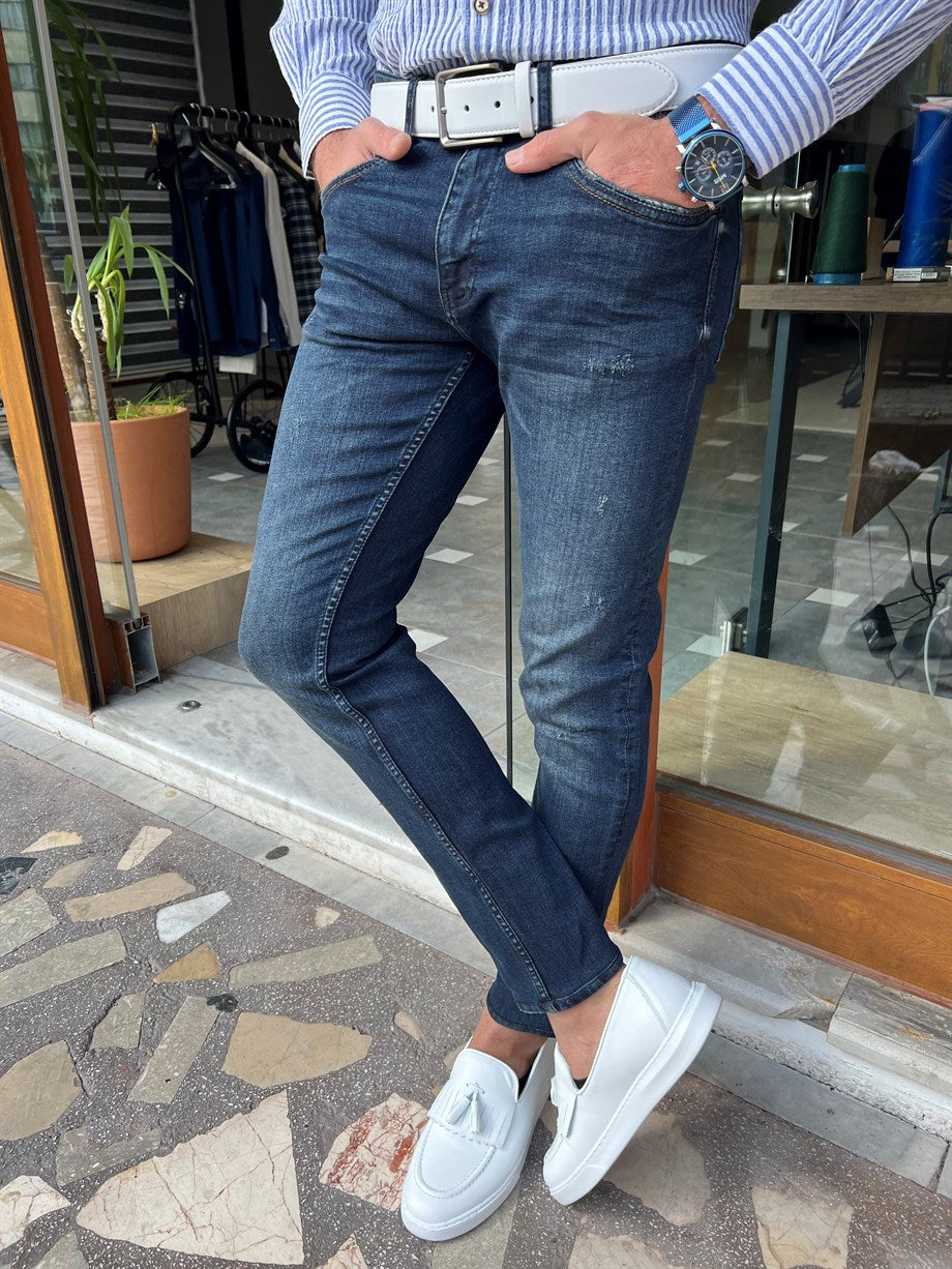 Narrow Cut Slit Detailed Grinding Jeans - MENSTYLEWITH