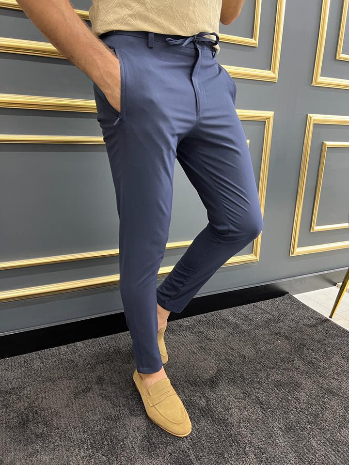 Dark Blue Rope Detailed Fabric Trouser