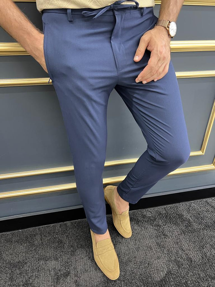 Dark Blue Rope Detailed Fabric Trouser