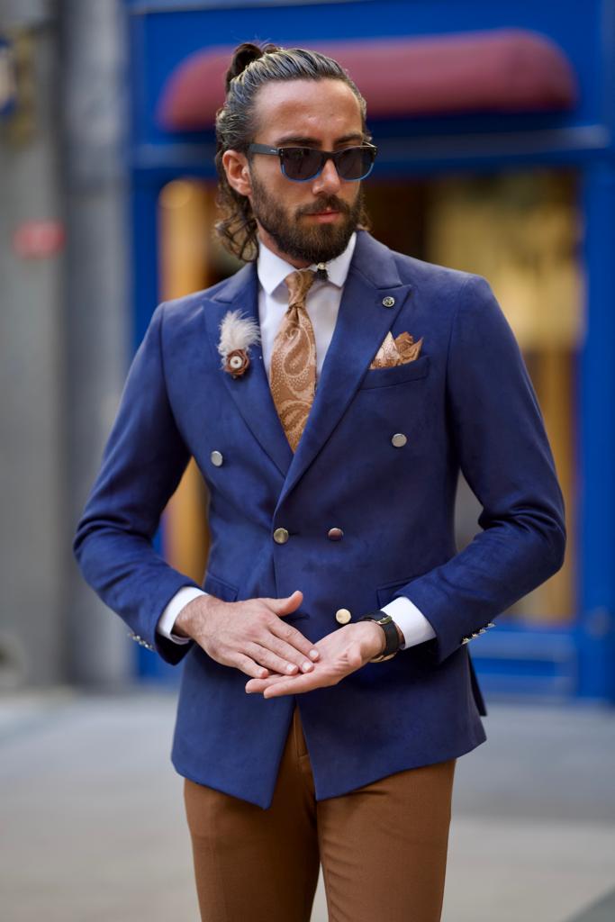 Double Breasted Nubuck Fabric Jacket -   Blue