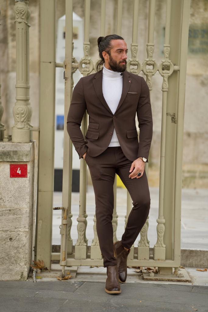 Double Pocket Detailed Suit-Brown