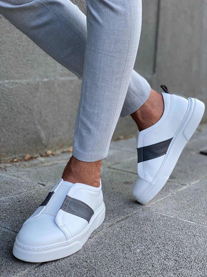 Morris White Grey Leather Sneakers - MENSTYLEWITH