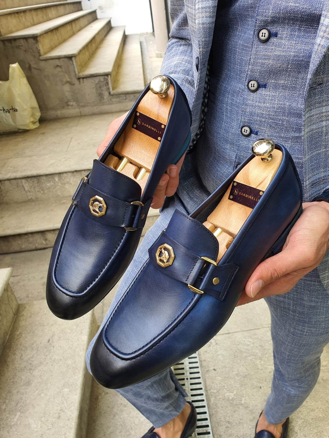MenStyleWith Buckled Detail Navy Leather Shoes - MENSTYLEWITH
