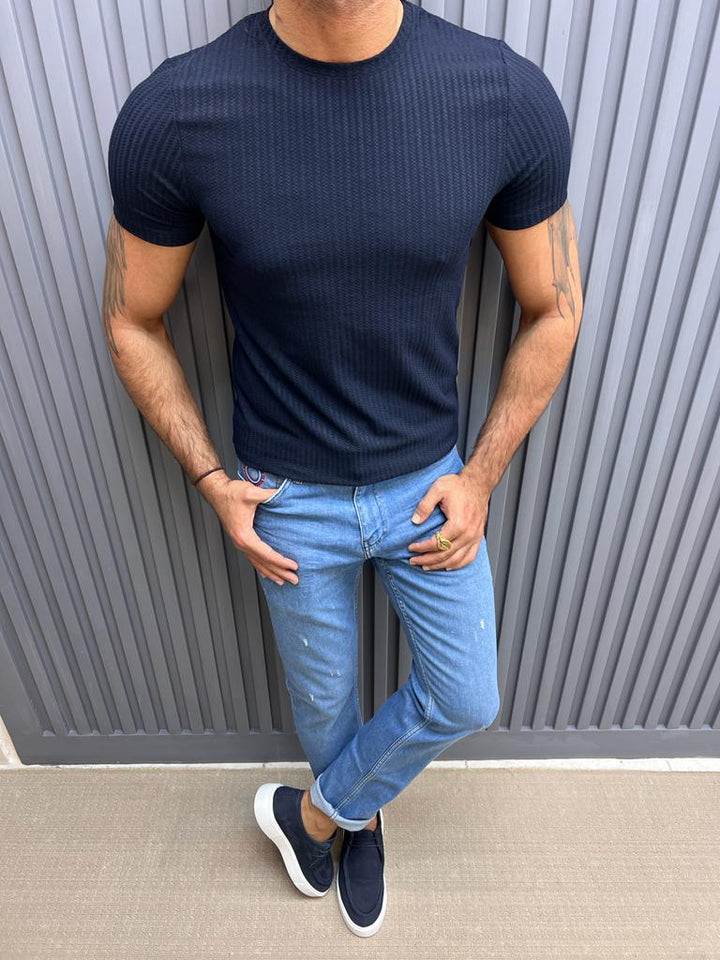 Fine Textured Crew Neck T-shirt- Dark Blue