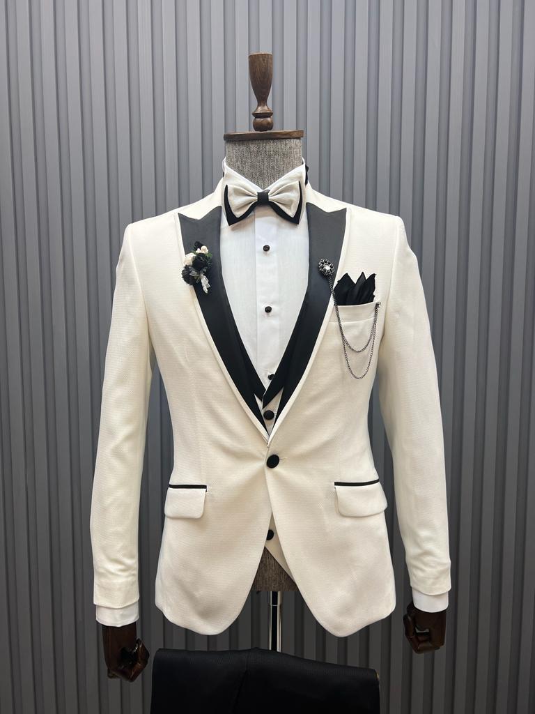 Slim Fit Special Design Piti Checkered Tuxedo- White