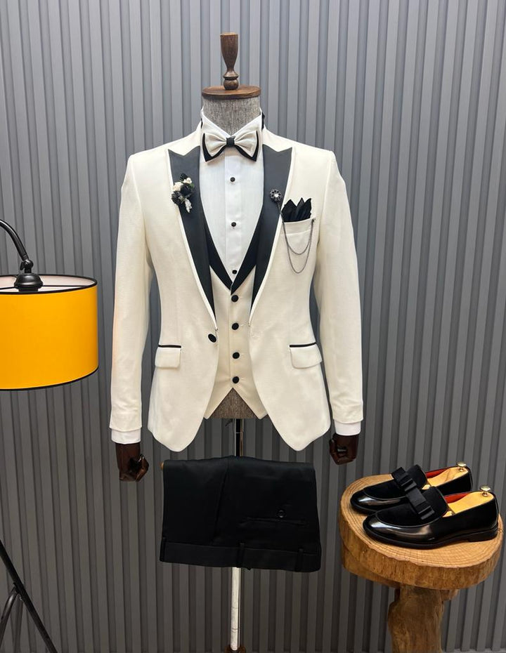 Slim Fit Special Design Piti Checkered Tuxedo- White