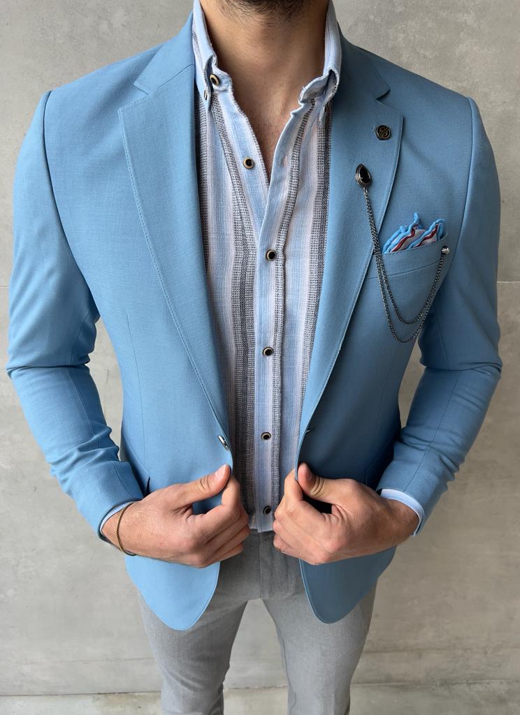 Mono Collar Double Slim Fit Jacket -Blue