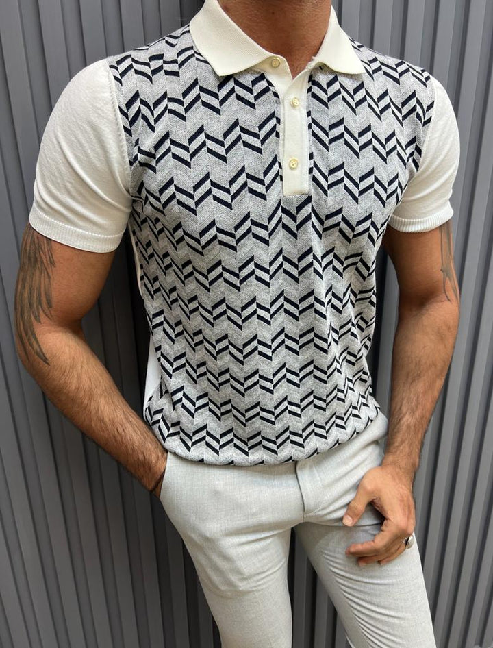 Patterned Knit T- Shirt- Grey