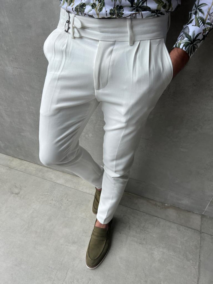 Pleated Waist Buckle Detailed Fabric Trousers - White