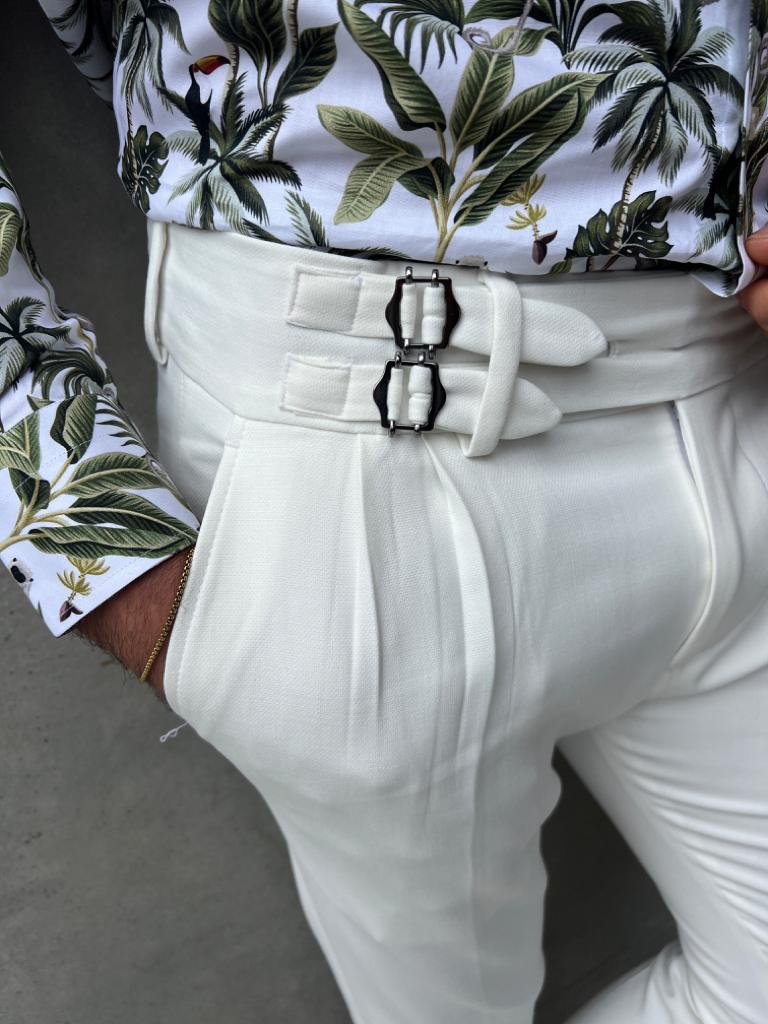 Pleated Waist Buckle Detailed Fabric Trousers - White