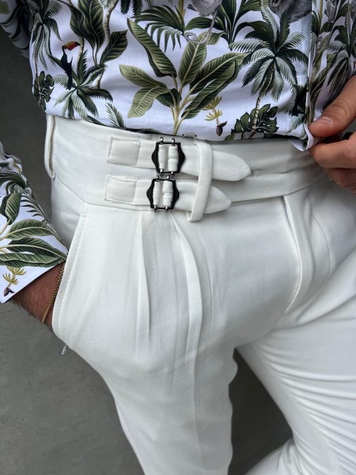 Pleated Waist Buckle Detailed Fabric Trousers - White