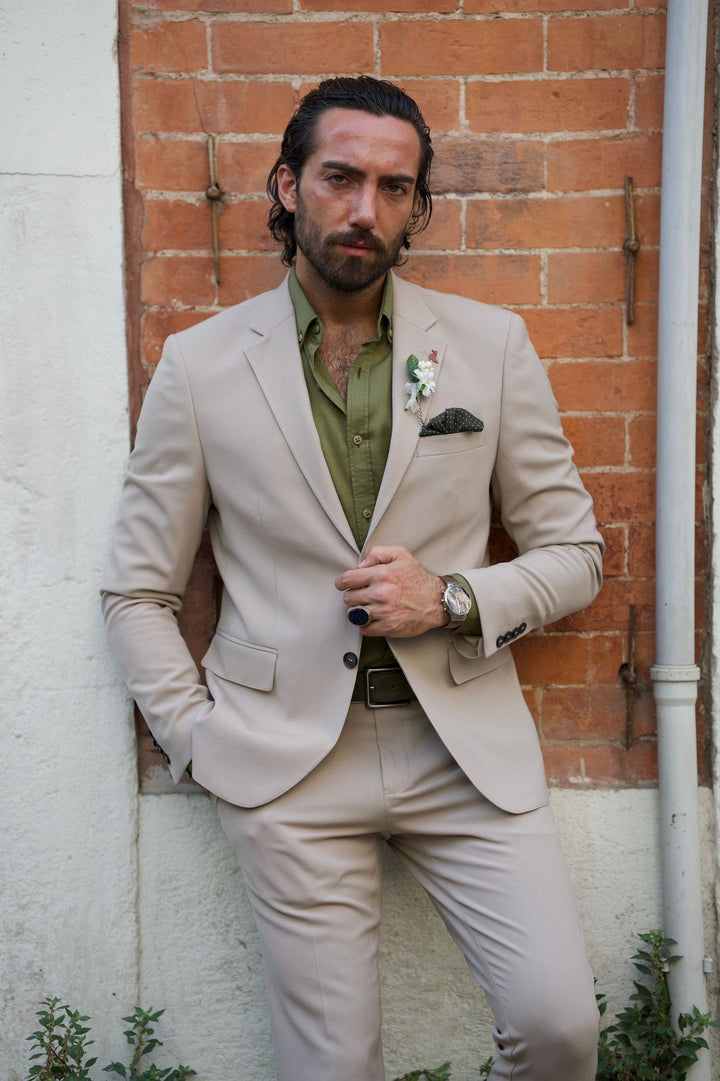 Slim Fit Beige Mono Collar Suit