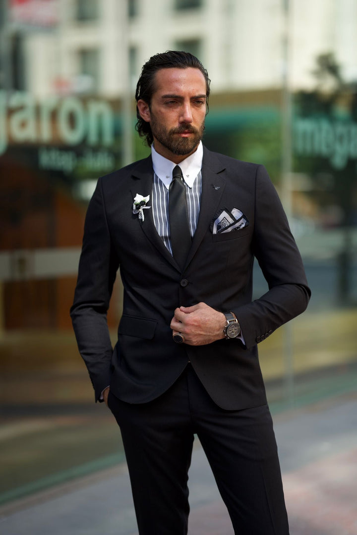 Slim Fit Black Mono Collar Suit