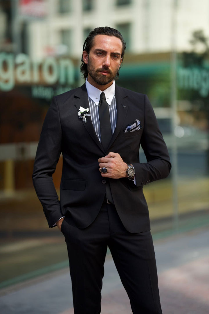 Slim Fit Black Mono Collar Suit