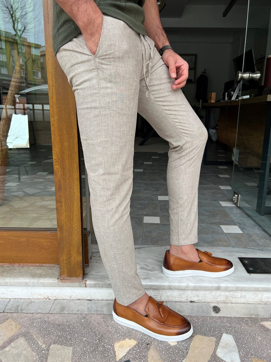 Slim Fit Stripe Detailed Fabric Trousers - MENSTYLEWITH