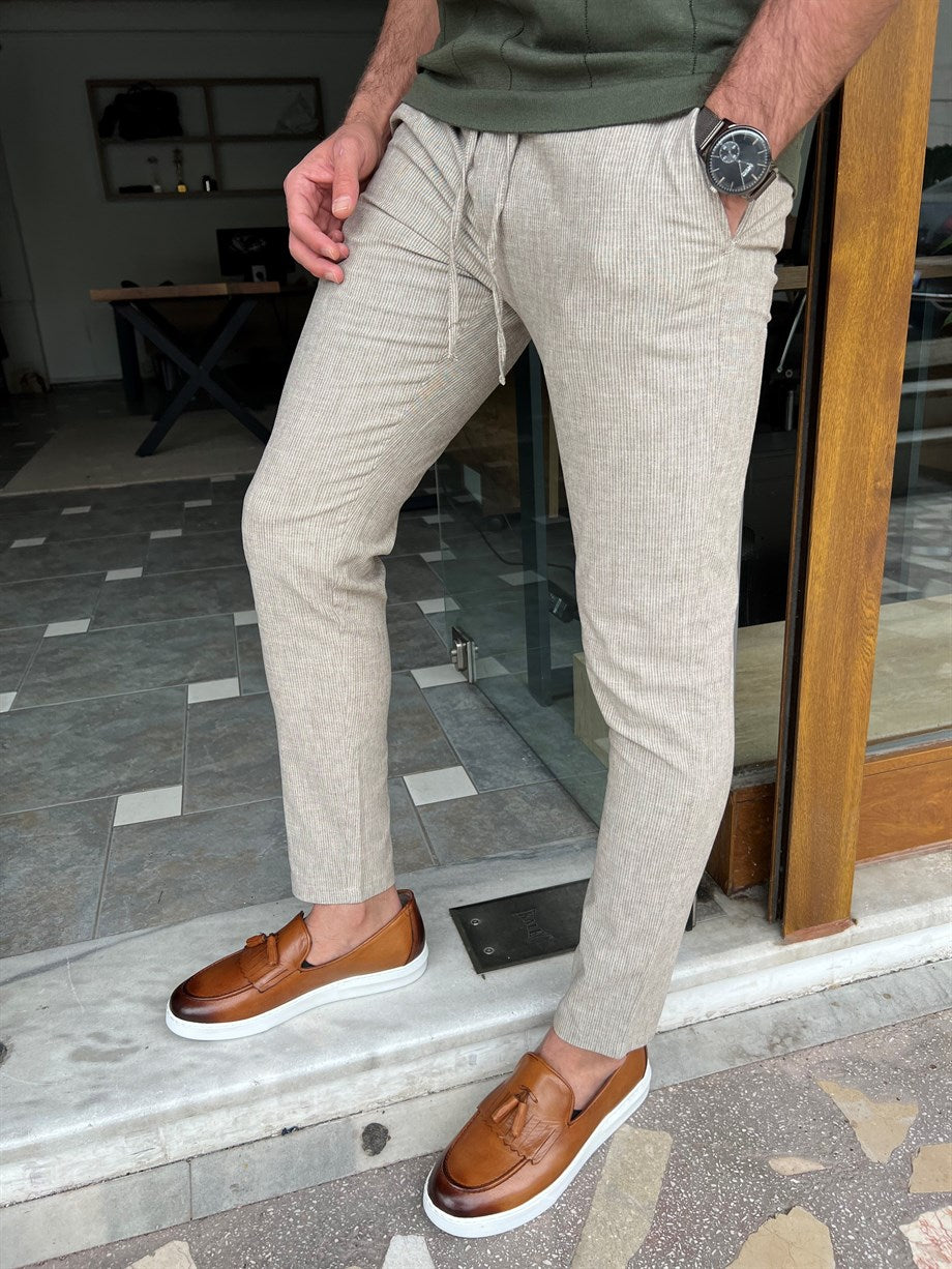 Slim Fit Stripe Detailed Fabric Trousers - MENSTYLEWITH