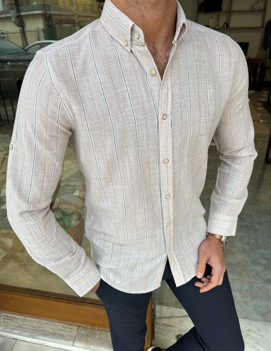 Slim Fit Striped Baby Collar Shirt - MENSTYLEWITH