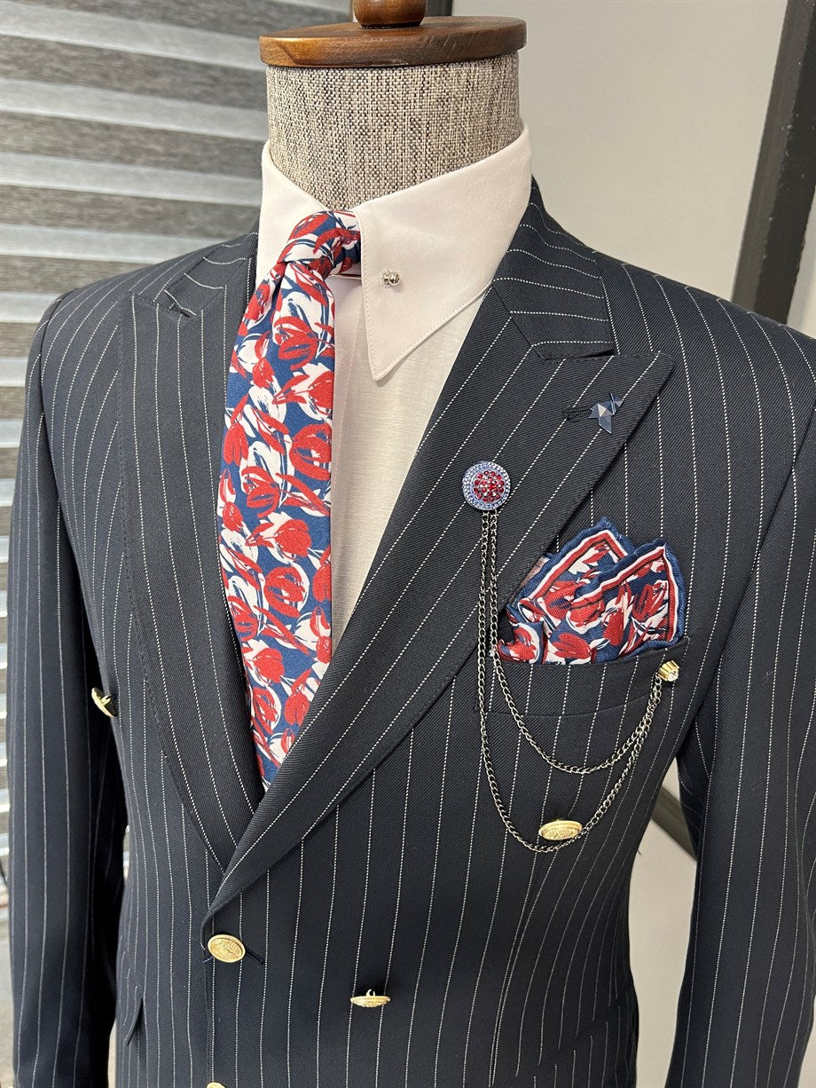 Slim Fit Striped Double Breasted Detailed Suit - MenStyleWith