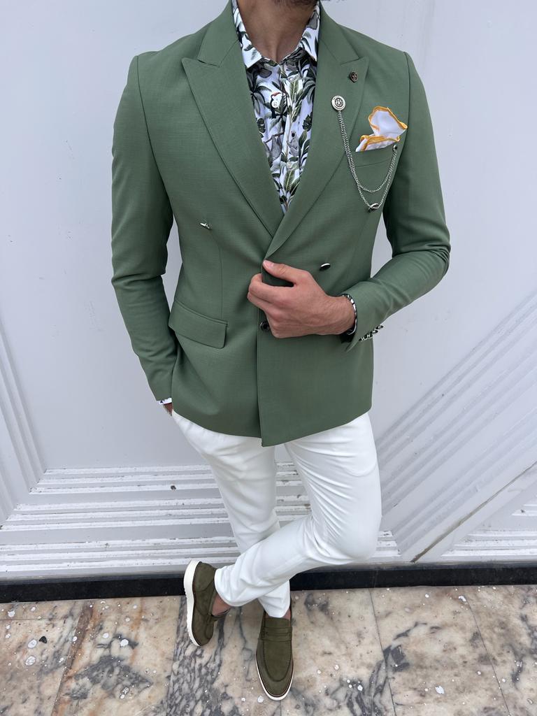 Slim Fit Double Breasted Jacket- Green