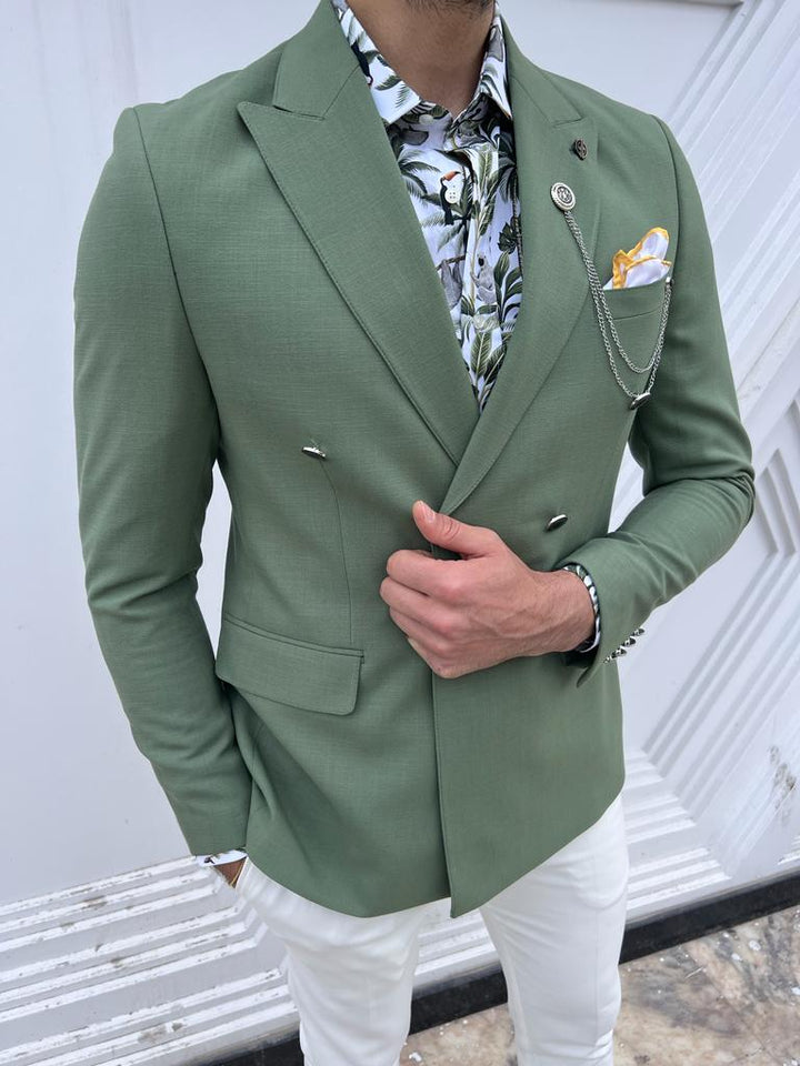 Slim Fit Double Breasted Jacket- Green