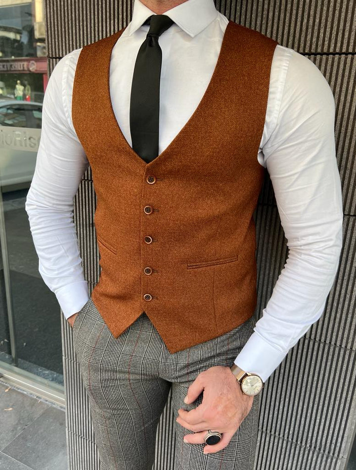 Slim Fit Plaid Vest- Camel