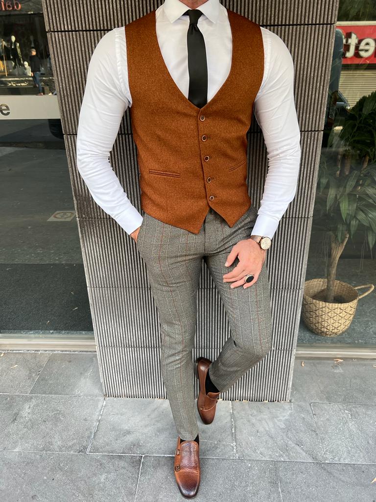 Slim Fit Plaid Vest- Camel