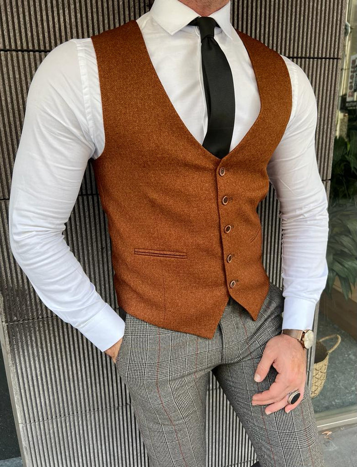 Slim Fit Plaid Vest- Camel