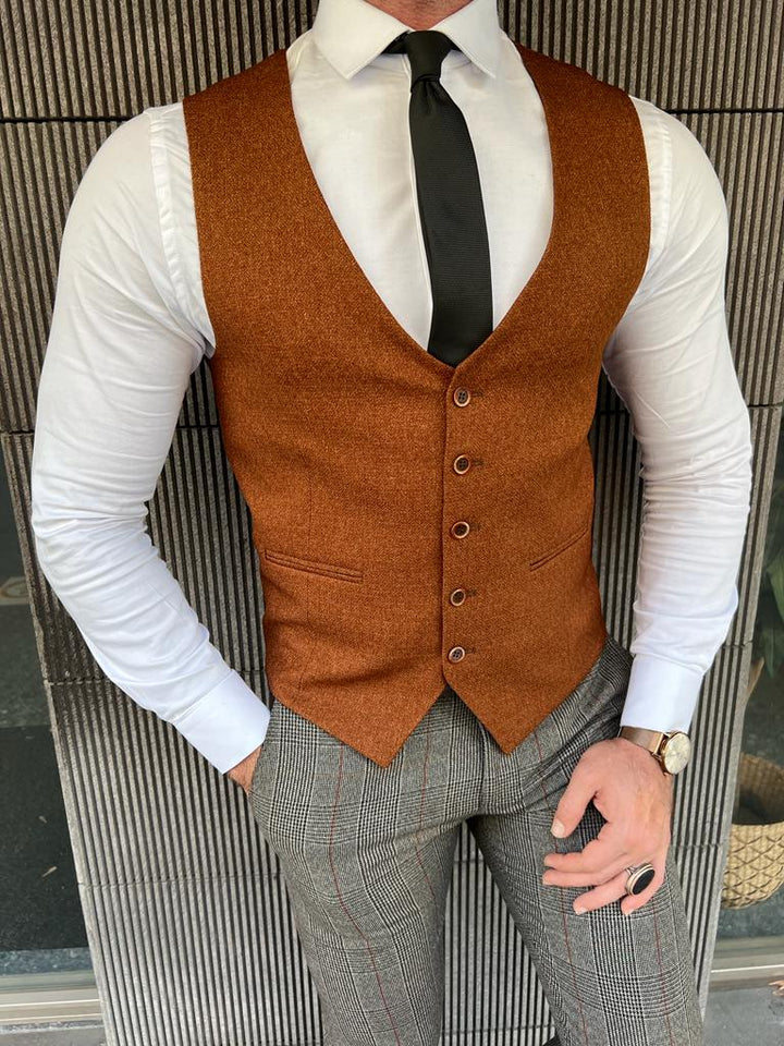 Slim Fit Plaid Vest- Camel