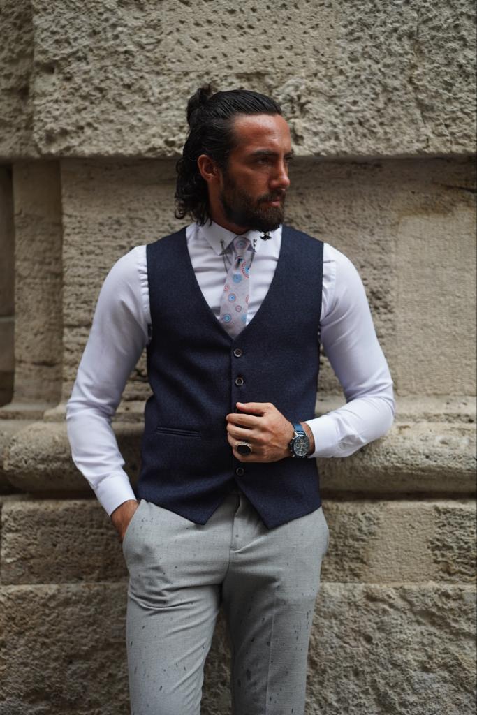 Slim Fit Plaid Vest -  Dark Blue