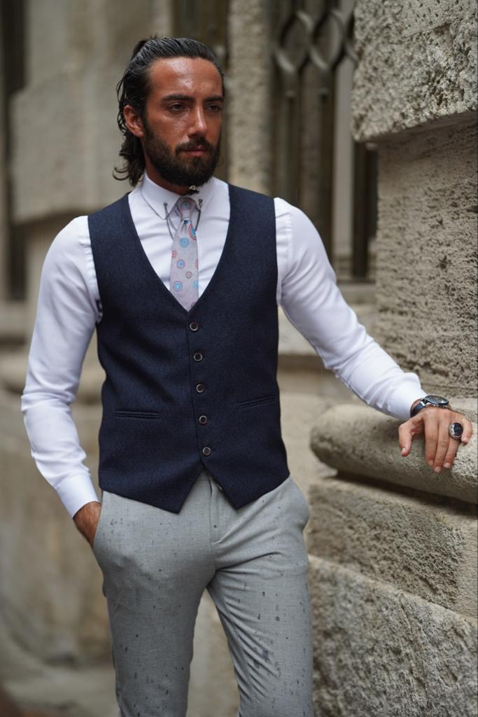 Slim Fit Plaid Vest -  Dark Blue