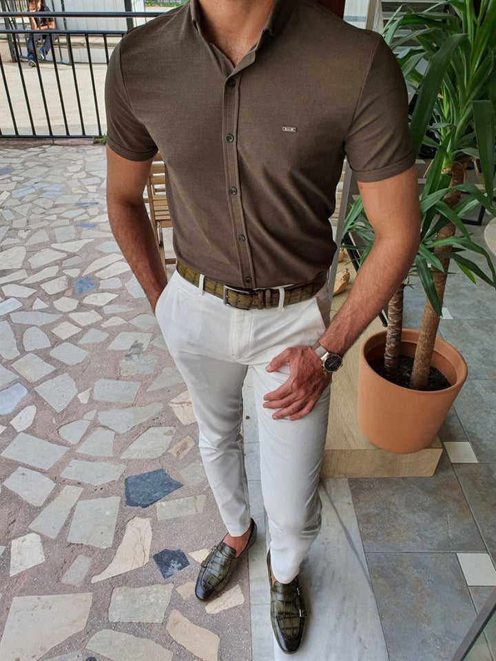 Slim Fit Self Patterned Button Collar Short Sleeve Shirt - MENSTYLEWITH