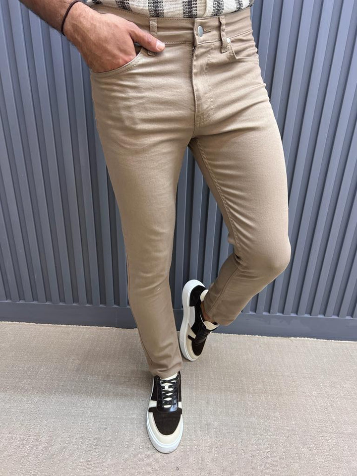 Slim Fit Slim Fit Lycra Pants- Beige