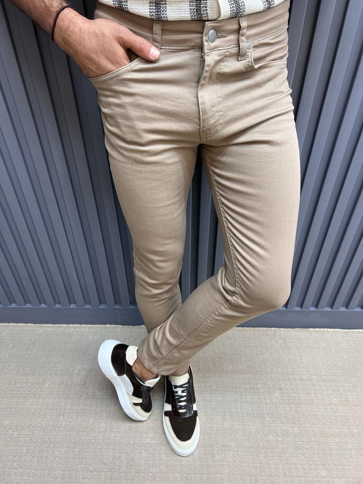 Slim Fit Slim Fit Lycra Pants- Beige