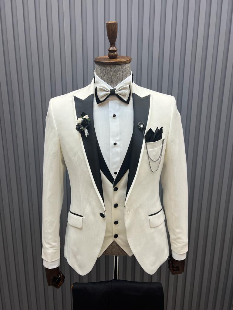 Slim Fit Special Design Piti Checkered Tuxedo- White