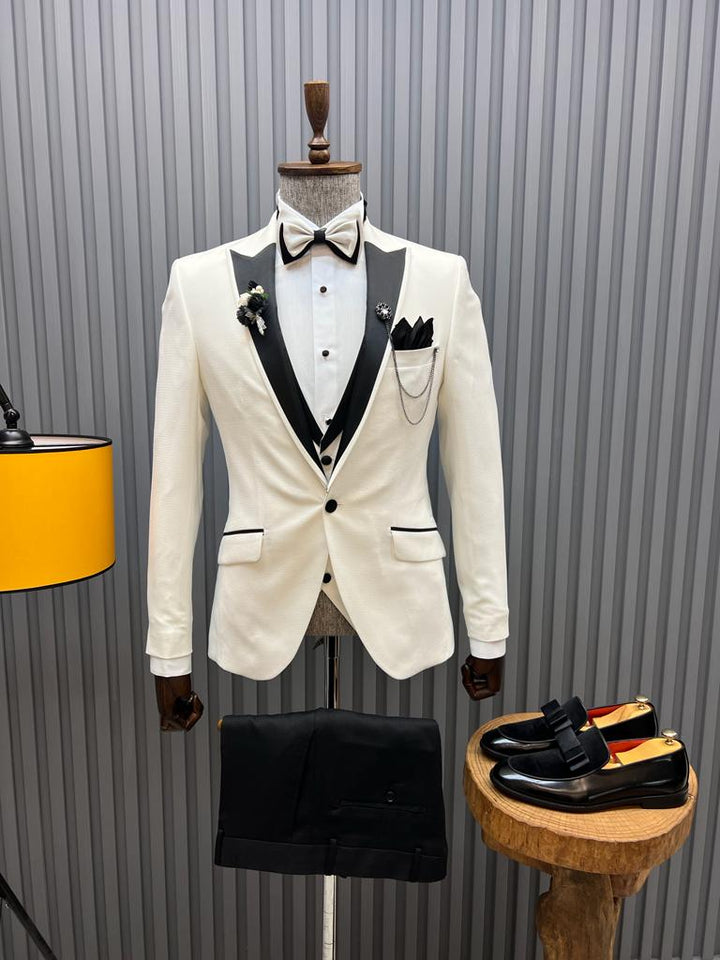 Slim Fit Special Design Piti Checkered Tuxedo- White