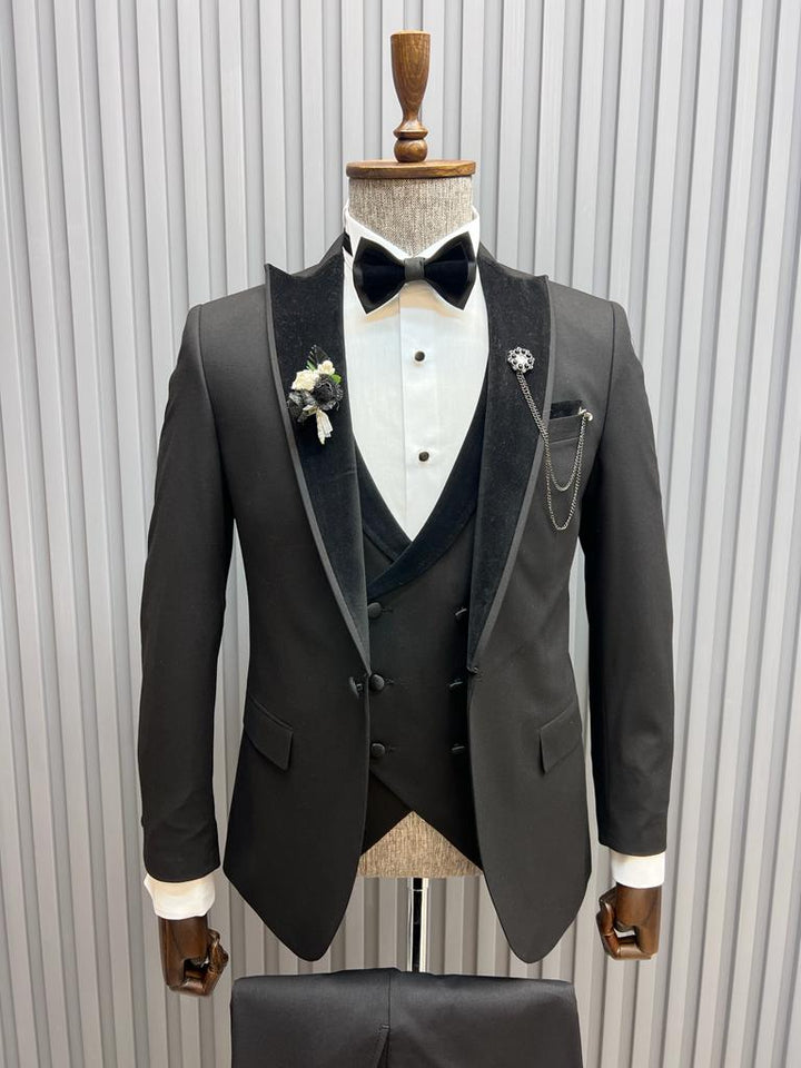 Slim Fit Special Design Velvet Detailed Tuxedo- Black