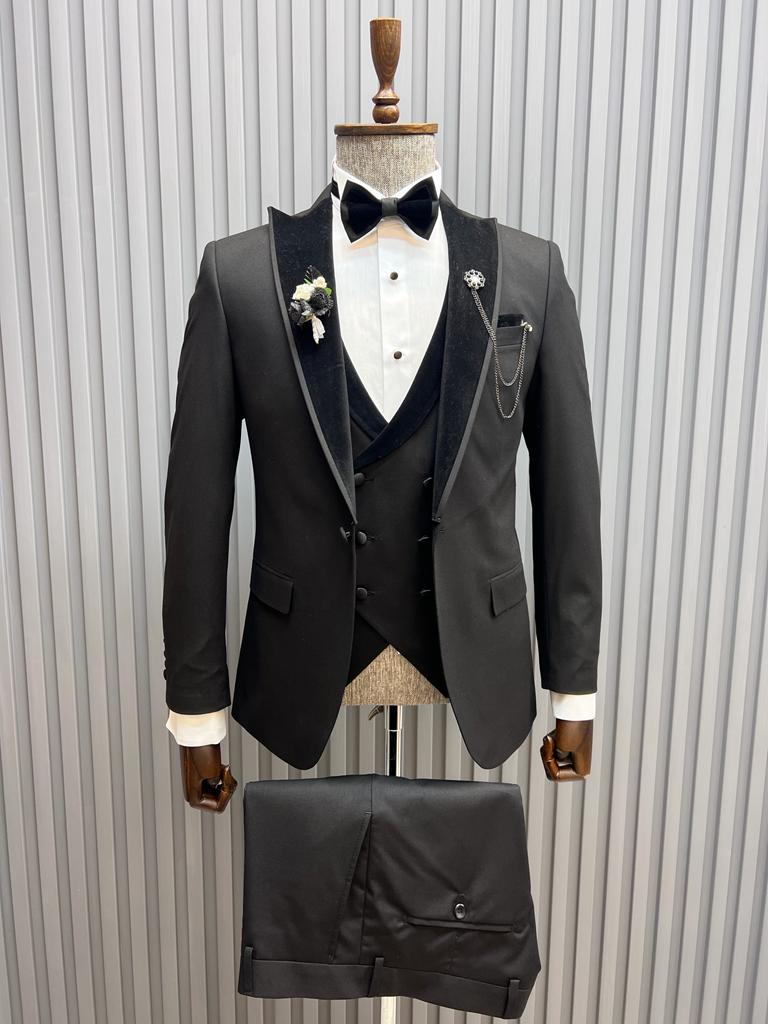 Slim Fit Special Design Velvet Detailed Tuxedo- Black