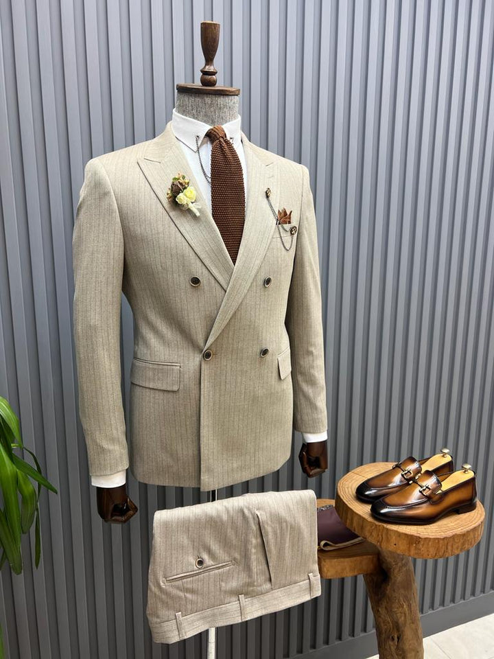 Slim Fit Striped Double-breasted Suit- Beige