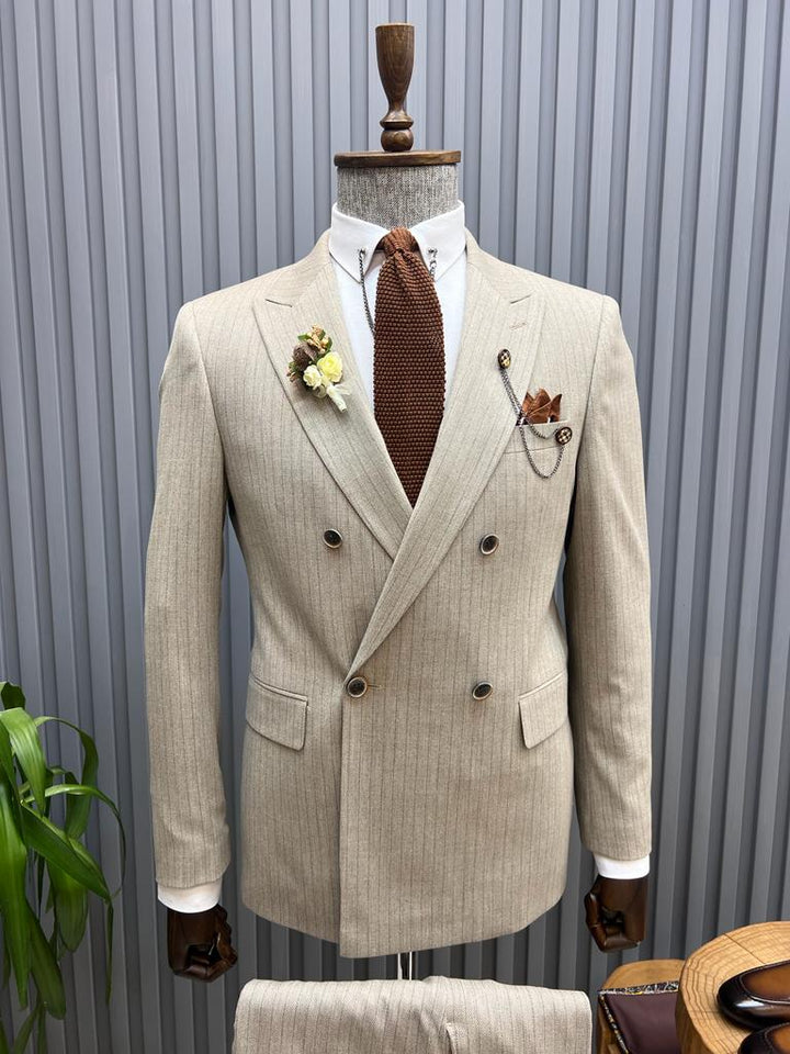 Slim Fit Striped Double-breasted Suit- Beige