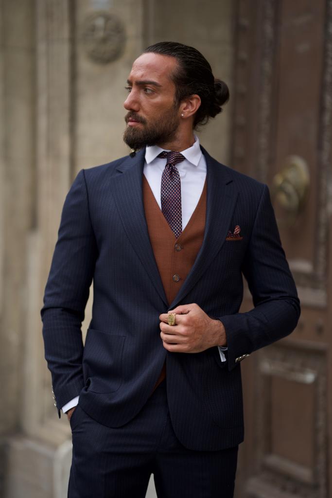 Slim Fit Vest Striped Suit- Blue