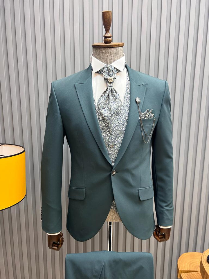 Slim Fit Vest Striped Suit-Green