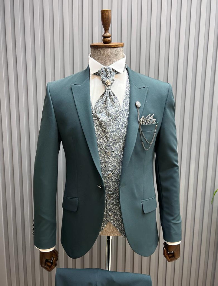 Slim Fit Vest Striped Suit-Green