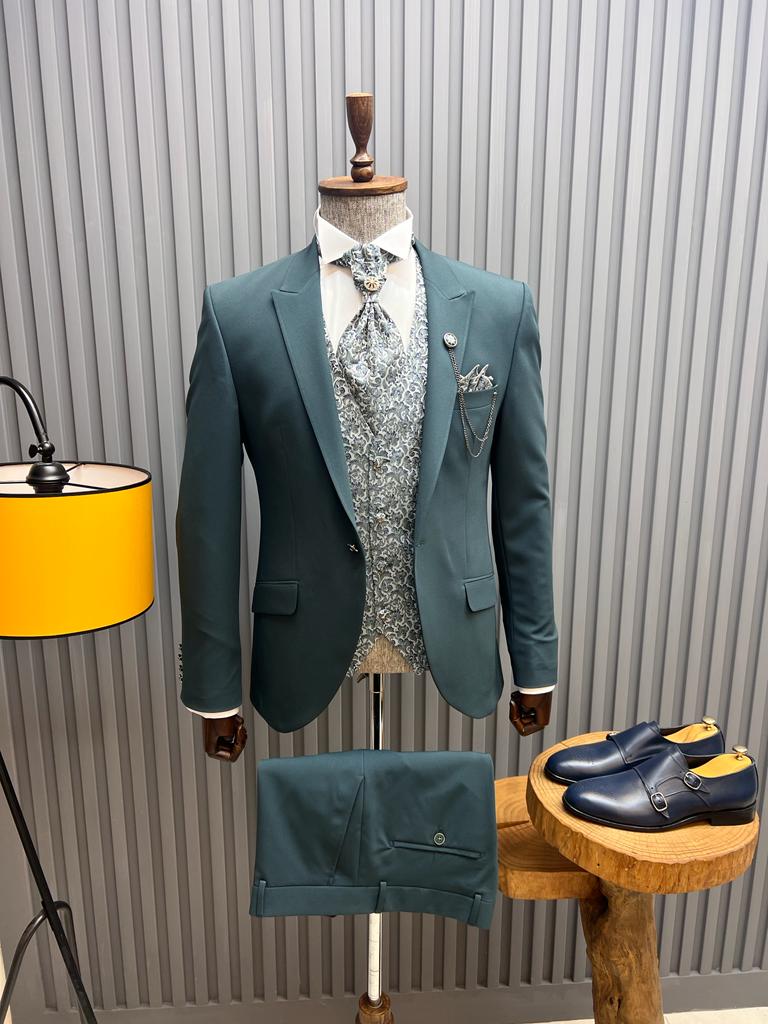 Slim Fit Vest Striped Suit-Green