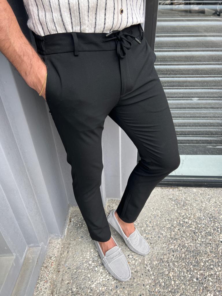 Slim Waist Rope Detailed Jogger Pants - Black