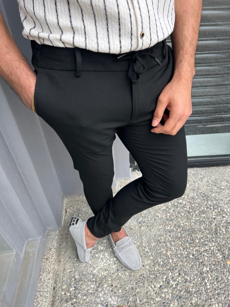 Slim Waist Rope Detailed Jogger Pants - Black