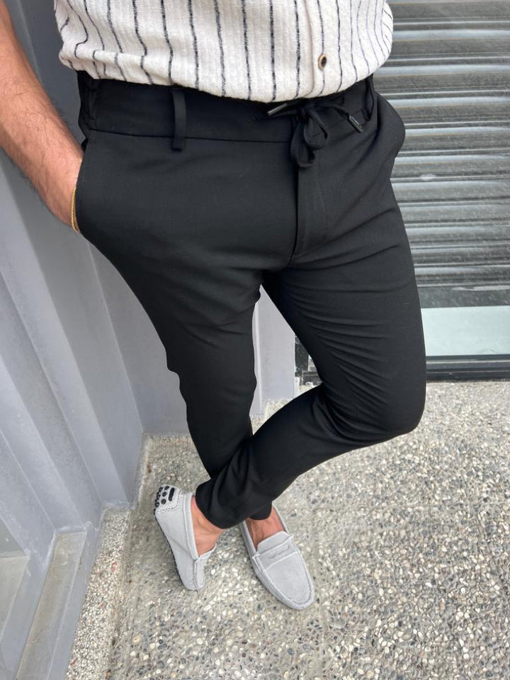 Slim Waist Rope Detailed Jogger Pants - Black