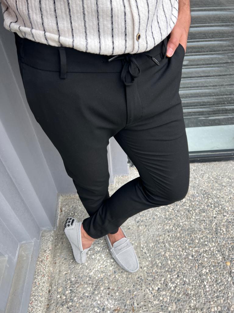 Slim Waist Rope Detailed Jogger Pants - Black