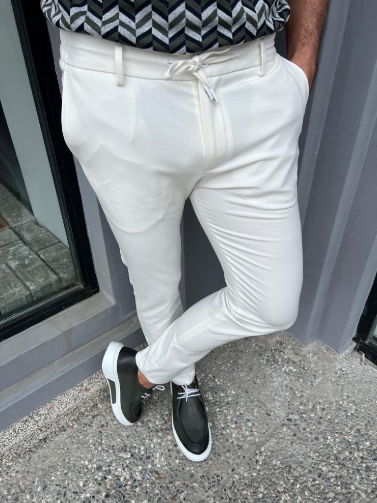 Slim Waist Rope Detailed Jogger Pants -  White