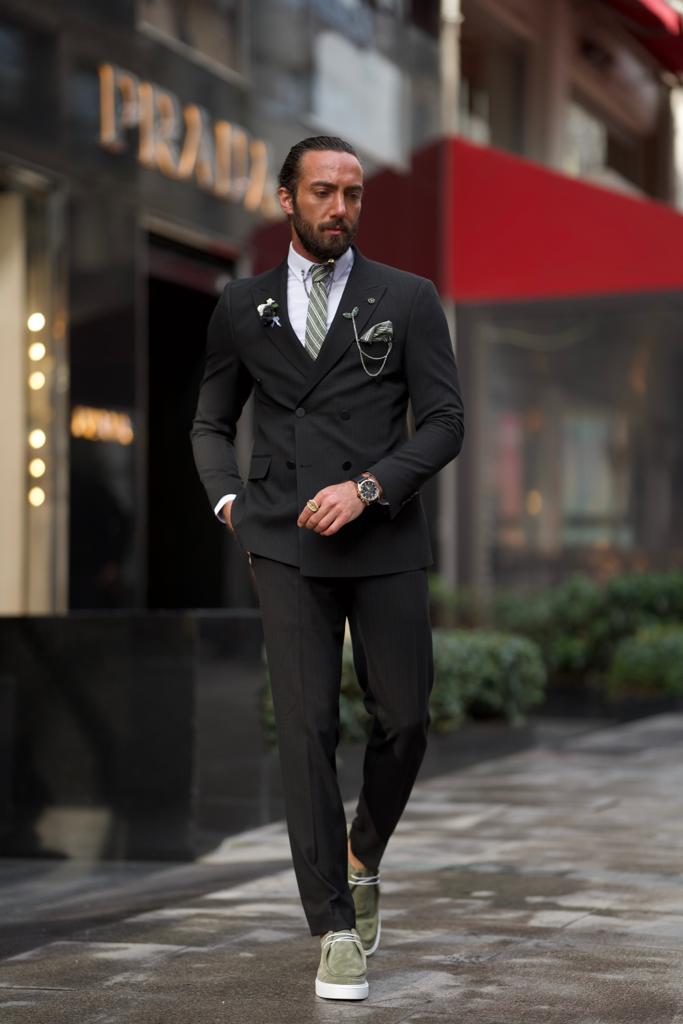 Striped Double-breasted Detailed Suit-Black