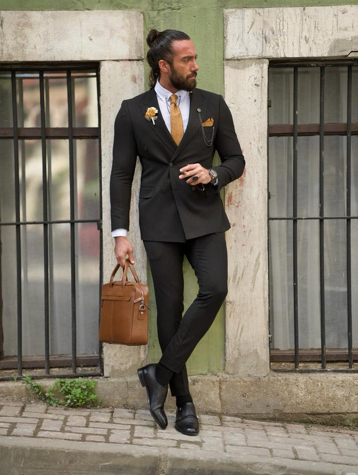 Striped Double-breasted Suit - Black